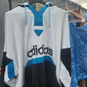Adidas Men's White, Black, and Blue Zip-Up Sweater